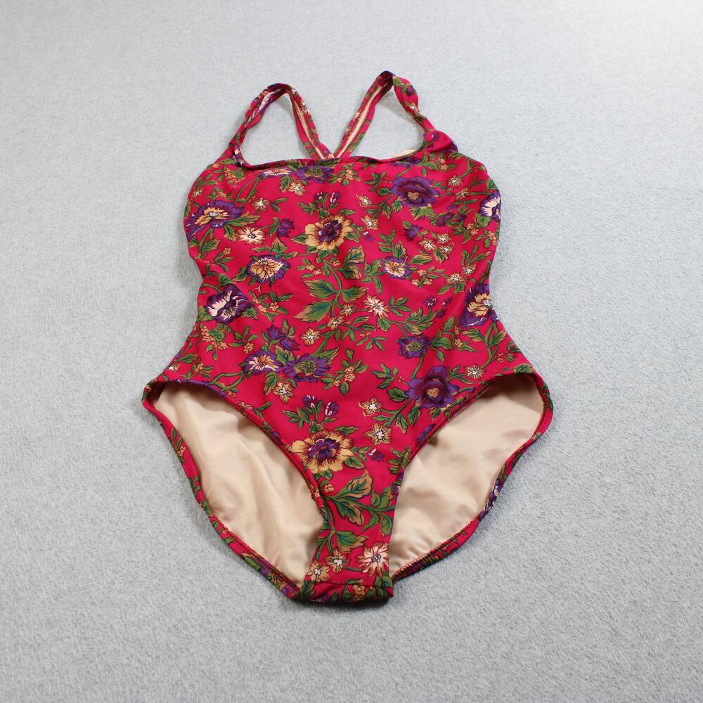 Vintage Eddie Bauer Swimsuit Women 12 Red Floral One Piece Padded Bra Made USA